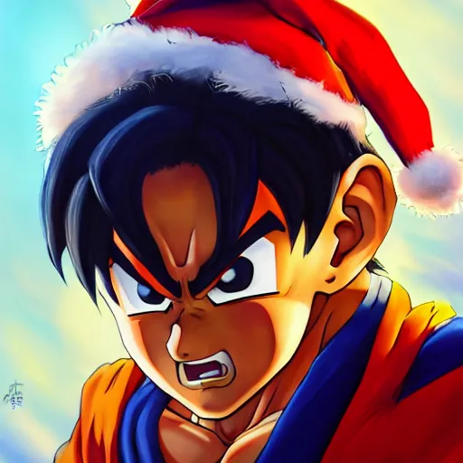 Image similar to an oil painting of a son goku wearing a christmas hat, by artgerm, hd, hdr, ue 5, ue 6, unreal engine 5, realistic anime 3 d style, cinematic 4 k wallpaper, 8 k, ultra detailed, gta 5 cover art, high resolution, artstation, award winning