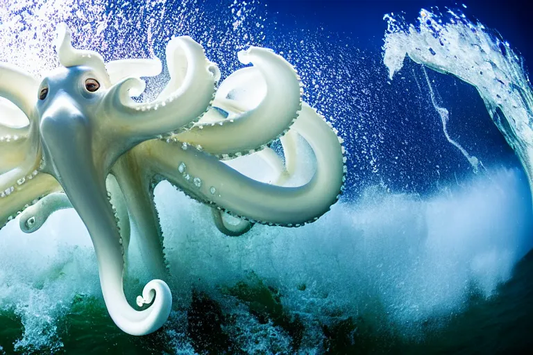 Prompt: underwater photography of a gigantic white octopus jumping a wave at nazare