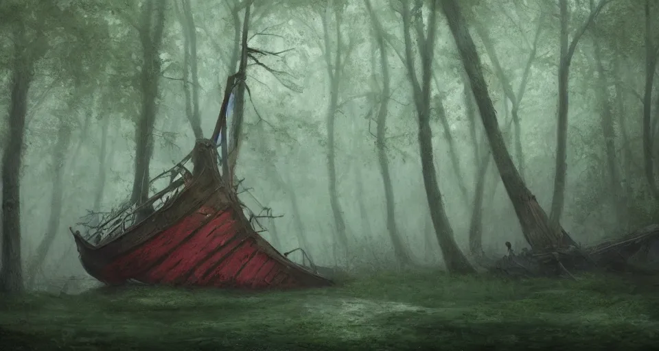 Image similar to an old broken sailing ship in an autumn forest, green and red tones, by Aron Wiesenfeld and beksincki, cinematic, detailed illustration, nature, fog, dark colors, suspense, intricate, 8k