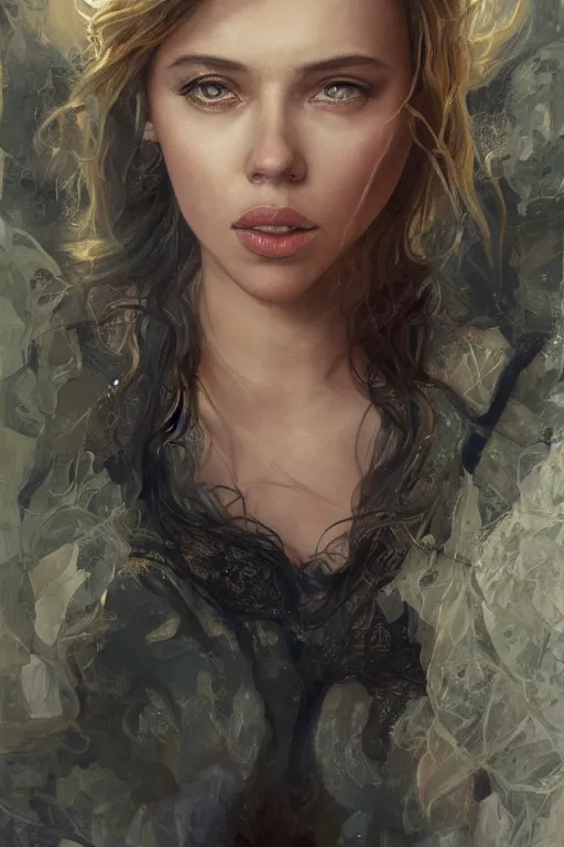 Image similar to portrait of scarlett johansson, long hair, fantasy, elegant, intricate, full frontal shot, highly detailed, digital painting, artstation, concept art, sharp focus, illustration, art by artgerm and greg rutkowski and alphonse mucha