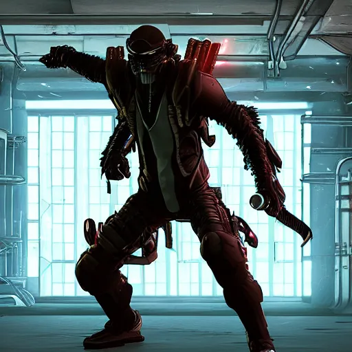 Image similar to cyberpunk wolfman holding a katana and jumping into action, tactical armor, action scene screenshot, unreal engine, high quality gloss art