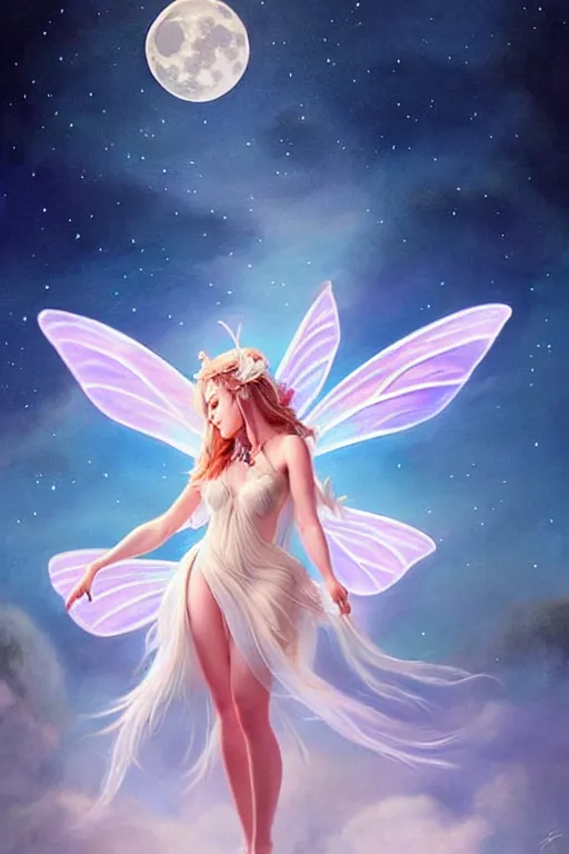 Image similar to attractive fairy magically floating high in the night, fantasy, full moon in background. highly detailed painting by artgerm, mid shot, 8 k