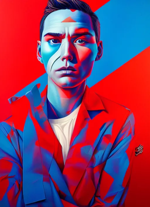 Image similar to red and blue color theme, beautiful hyperrealisitic portrait of burning police officer, tristan eaton, victo ngai, artgerm, rhads, ross draws