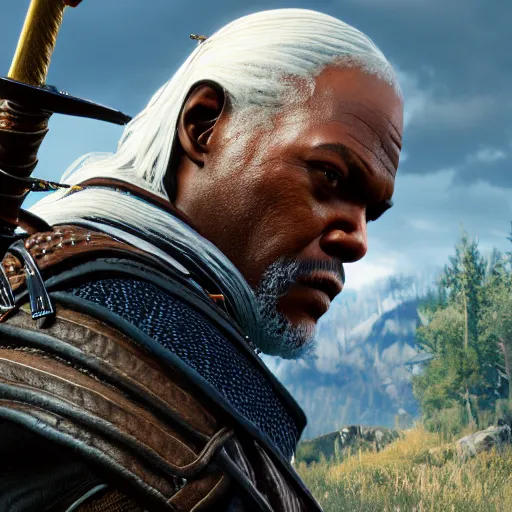 Prompt: Samuel L Jackson in The Witcher 3, gameplay, 8k, HD