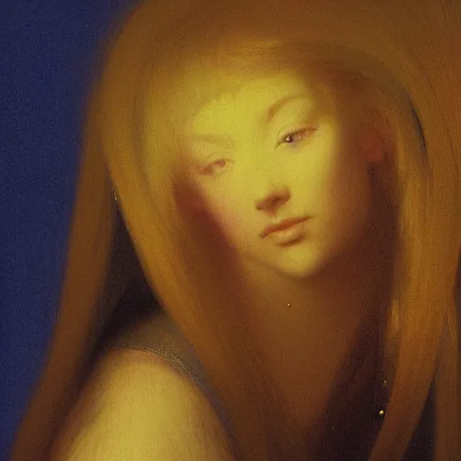 Image similar to a young woman's face, her hair is gold and she wears an cobalt blue satin cloak, by ivan aivazovsky and syd mead and moebius and gaston bussiere and roger dean and pieter claesz and paul delaroche and alma tadema and aelbert cuyp and willem claesz, hyperrealistic, volumetric light, octane render