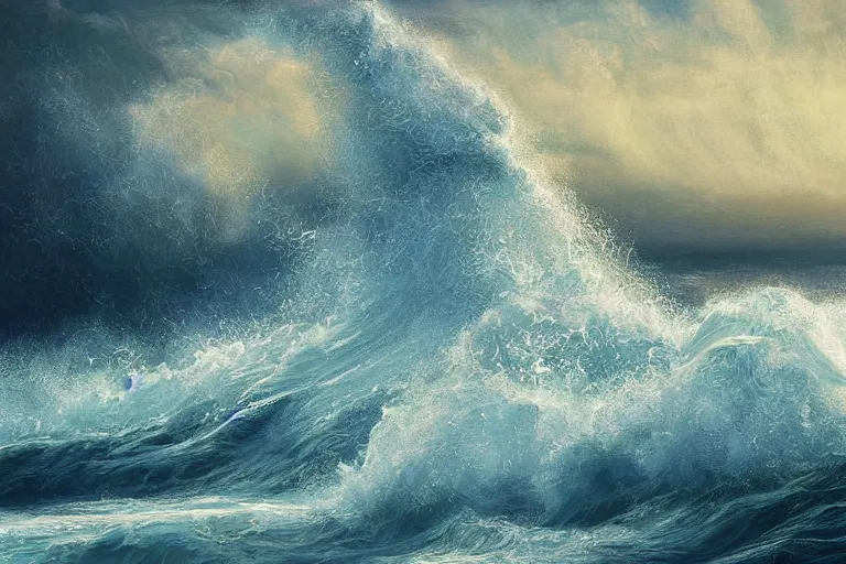 Image similar to ocean, land, ( ( ( ( tumultuous waves ) ) ) ), digital painting, illustrated by max hay