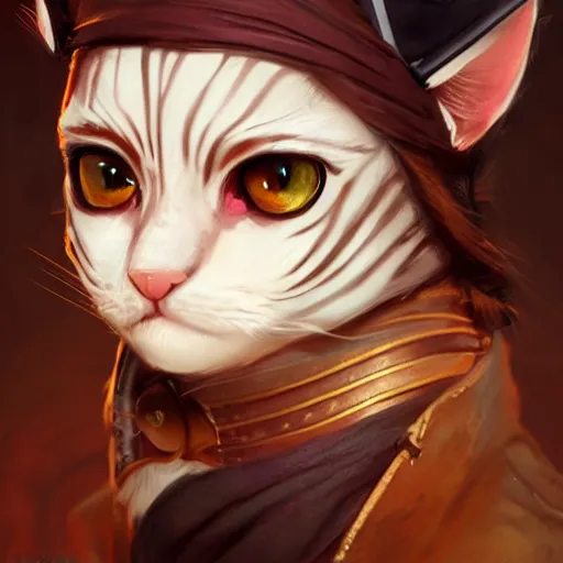 Image similar to Portrait of a Kawaii Cat dressed as a Pirate, digital painting, highly detailed, artstation, concept art, smooth, sharp focus, illustration, art by artgerm and greg rutkowski.