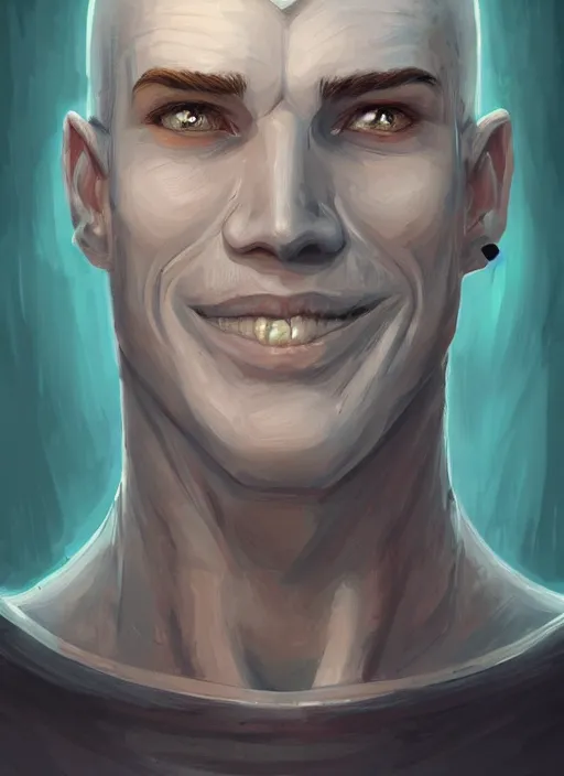 Prompt: head-on symmetrical centered painted portrait, a smiling bald and clean shaven androgynous man with completely blue skin in his twenties as a D&D wizard, fantasy, intricate, elegant, highly detailed, digital painting, smooth, sharp focus, illustration, artstation, in the style of Artgerm and Anna Podedworna and Charlie Bowater and Michael Garmash