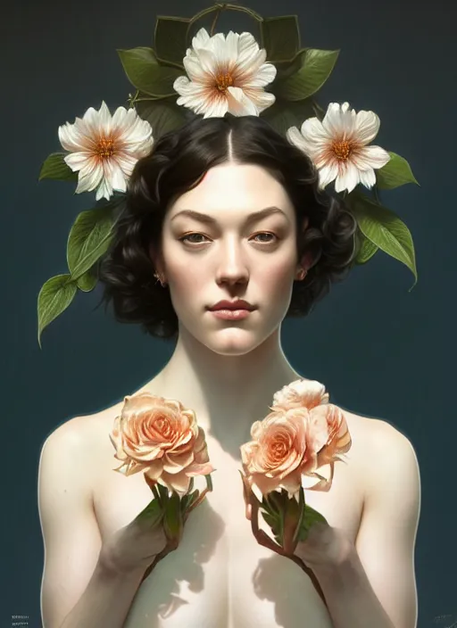 Image similar to symmetry portrait of floral stoya, intricate, elegant, highly detailed, digital painting, artstation, concept art, smooth, sharp focus, illustration, art by artgerm and greg rutkowski and alphonse mucha, 8 k