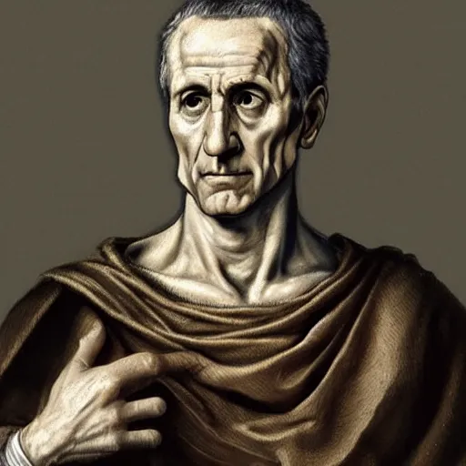 Image similar to A 17th century Baroque Painting of Julius Caesar, portrait of Julius Caesar, grainy, realistic, very realistic, hyperrealistic, highly detailed, very detailed, extremely detailed, very neat, very epic, very cool, detailed, trending on artstation