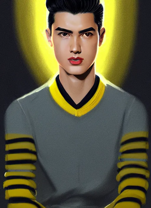 Image similar to portrait of young reggie mantle, mean smirk, egotistical, slicked back hair, striped yellow and black sweater, 1 9 5 0 s, intricate, elegant, glowing lights, highly detailed, digital painting, artstation, concept art, smooth, sharp focus, illustration, art by wlop, mars ravelo and greg rutkowski