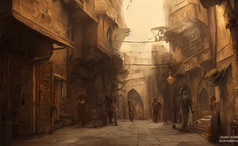 Image similar to cinematic medieval middle east alleyway, arabic, persian, dawn, market, little spice shops, bazaar, steam punk, unreal engine 5, trending on art station