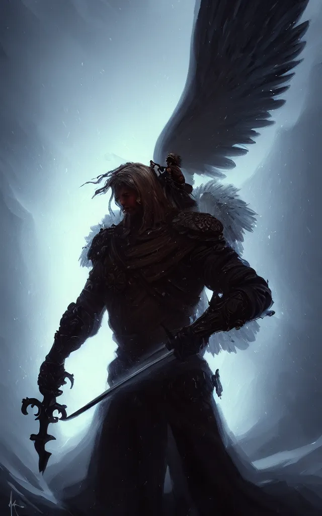 Image similar to dark blizzard art, portrait of fallen man angel kneeling with a sword and wings, bokeh. dark art masterpiece artstation. 8k, sharp high quality illustration in style of Jose Daniel Cabrera Pena and Leonid Kozienko, concept art by Tooth Wu