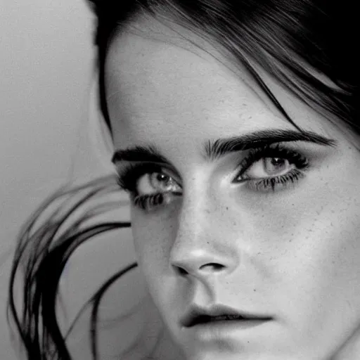 Image similar to Emma Watson closeup face shoulders very long hair hair pouting and grinning Vogue fashion shoot by Peter Lindbergh fashion poses detailed professional studio lighting dramatic shadows professional photograph by Cecil Beaton, Lee Miller, Irving Penn, David Bailey, Corinne Day, Patrick Demarchelier, Nick Knight, Herb Ritts, Mario Testino, Tim Walker, Bruce Weber, Edward Steichen, Albert Watson