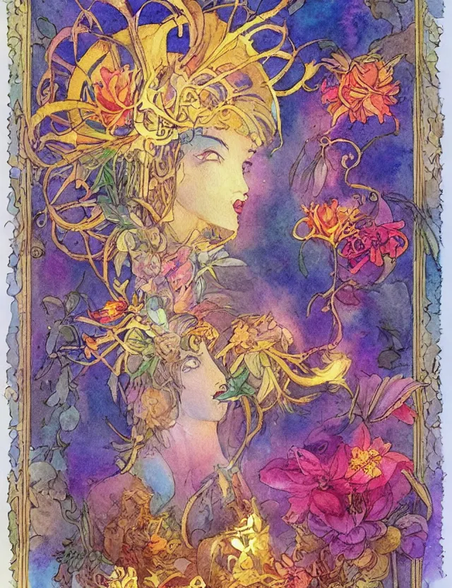 Prompt: animal god of light and flowers. this watercolor and goldleaf work by the beloved children's book illustrator has interesting color contrasts, plenty of details and impeccable lighting.