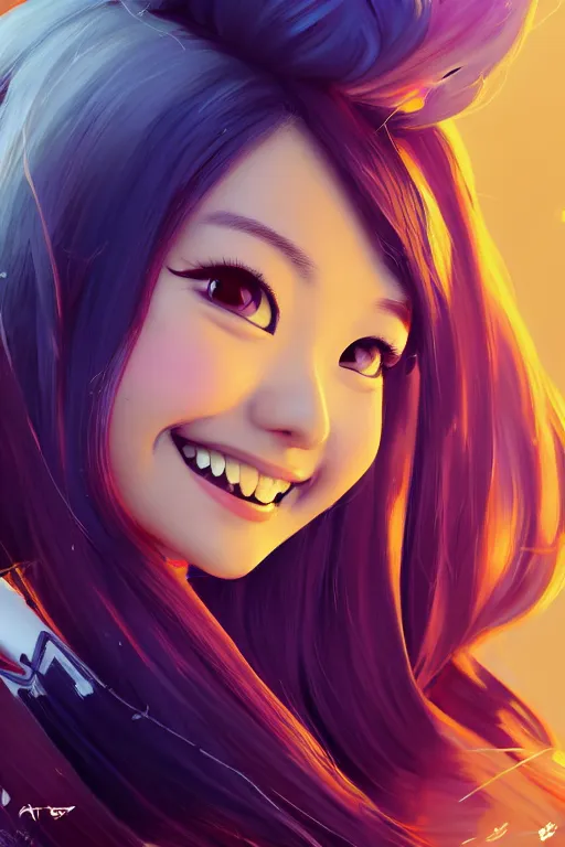 Prompt: a painting of cute Asian girl smiling, flowing hair, futuristic clothes, in the style of Pixar animation, low angle view, 16mm lens, award winning, hyper detailed, dramatic lighting, artstation, octane renderer, unreal engine