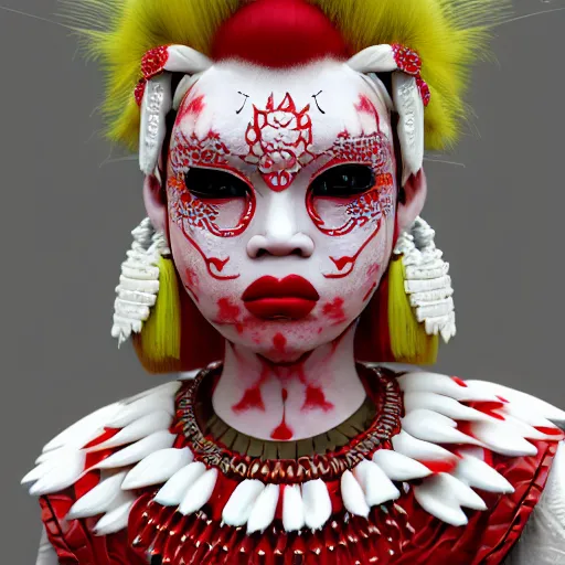 Prompt: albino maiko in a ornated armor pagan facepaint, detailed, jewelry, sakura, photograph, award wining, red and white, trending on artstation, punk attitude, 4 k, unreal engine 5, octane render, neon highlights