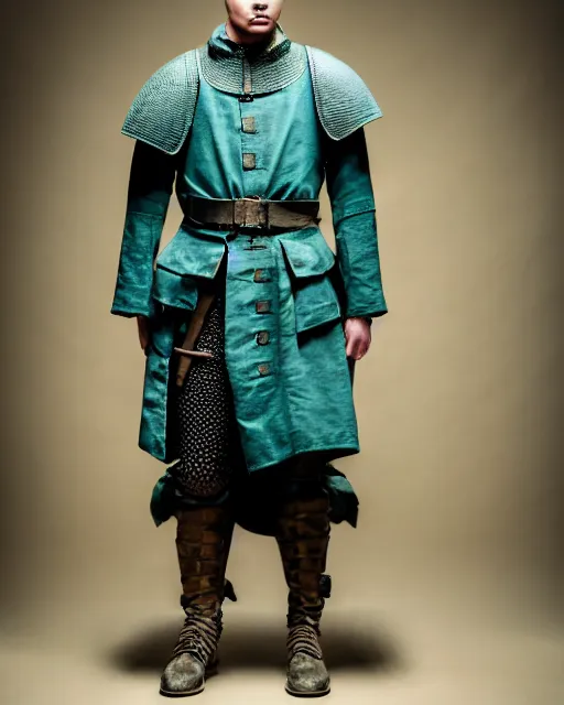 Prompt: an award - winning photo of an ancient male model wearing a plain baggy teal distressed medieval designer menswear military jacket slightly inspired by medieval armor designed by alexander mcqueen, 4 k, studio lighting, wide angle lens