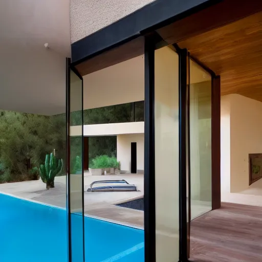 Prompt: modern desert pavlion interior looking out of large pivoting doors into expansive pool and vista with cacti