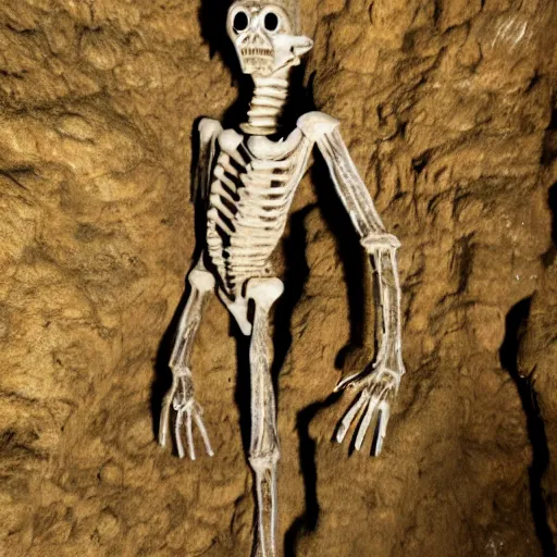 Prompt: humanoid made of translucent brown sludge full of animal bones, it has glowing yellow eyes, found in a cave made of clay, found footage, unsettling, flash photography,