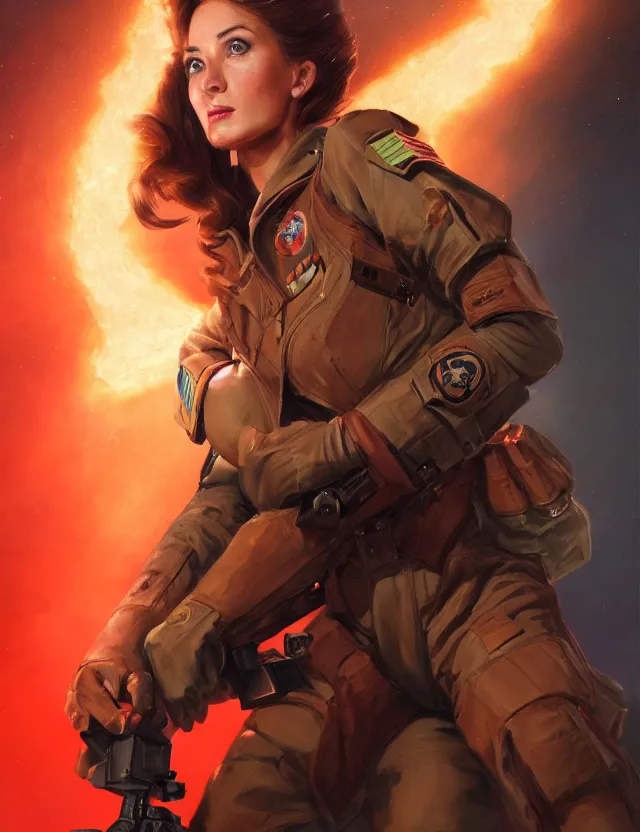 Image similar to a brown - haired woman in a military uniform hovering in the air glowing with red light and crackling energy, by frank fazetta and peter mohrbacher, trending on artstation, digital art, 4 k resolution, detailed, high quality, sharp focus, hq artwork, coherent, insane detail, concept art, character concept, character full body portrait