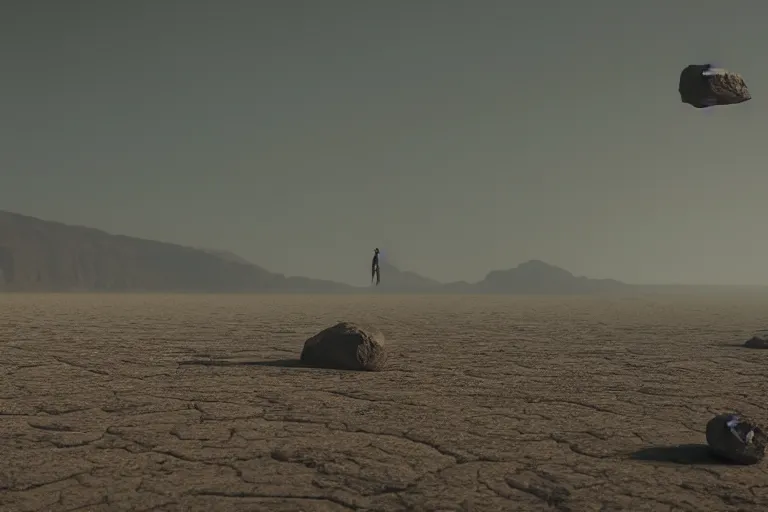 Prompt: massive dark rock levitating in desert, octane render, cinematic, blade runner, Imax, dramatic composition and lighting, strange, 8k,