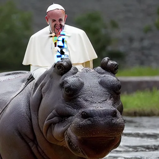 Image similar to pope francis rides a hippo against the army of mordor, ultra realistic