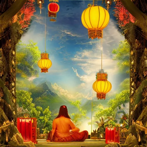 Prompt: painting of a god of wind enjoying his heavenly palace, decorated with windchimes and paper lanterns, stunning nature in background, cinematic