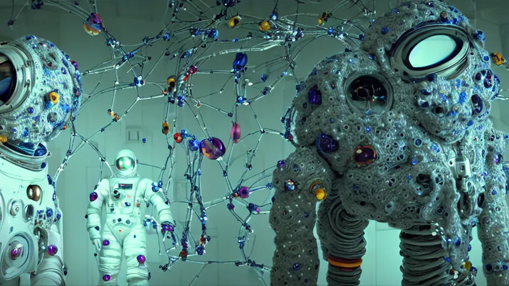 Image similar to a cybernetic symbiosis of a single astronaut mech-organic eva suit made of pearlescent wearing knitted shiny ceramic multi colored yarn thread infected with diamond 3d fractal lace iridescent bubble 3d skin dotted covered with orb stalks of insectoid compound eye camera lenses floats through the living room, film still from the movie directed by Denis Villeneuve with art direction by Salvador Dalí, wide lens,kevlar,carbon fiber,ceramics,gaseous materials,