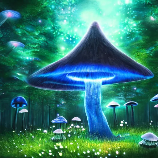 Image similar to a magical enchanted forest with a blue with a fireflies at night. in the forest there's oversized mushrooms, anime art style, detailed, 4 k