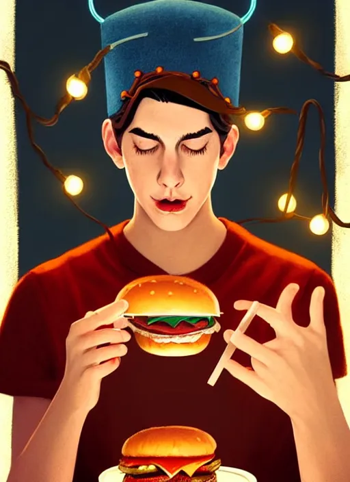 Image similar to portrait of jughead jones, eating a hamburger, wearing a crown, eyes closed, intricate, elegant, glowing lights, highly detailed, digital painting, artstation, concept art, smooth, sharp focus, illustration, art by wlop, mars ravelo and greg rutkowski