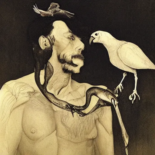 Image similar to A beautiful experimental art of a man, with an animal skull for a head, and a large bird perched on his shoulder. The man is looking up at the bird with a fierce expression, and the bird is looking back at him with what seems to be an equally intense gaze. by Jessie Willcox Smith, by Edward Weston atmospheric
