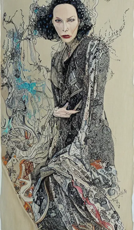 Prompt: cate blanchet , hanging scroll, ink and colours on silk, high detail