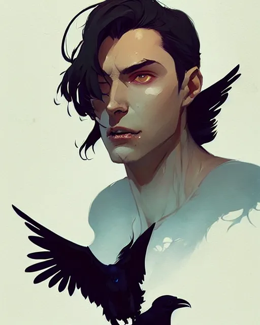 Image similar to portrait of raven male lord with dark hair and golden eyes, by atey ghailan, by greg rutkowski, by greg tocchini, by james gilleard, by joe fenton, by kaethe butcher, dynamic lighting, gradient light blue, brown, blonde cream and white color scheme, grunge aesthetic