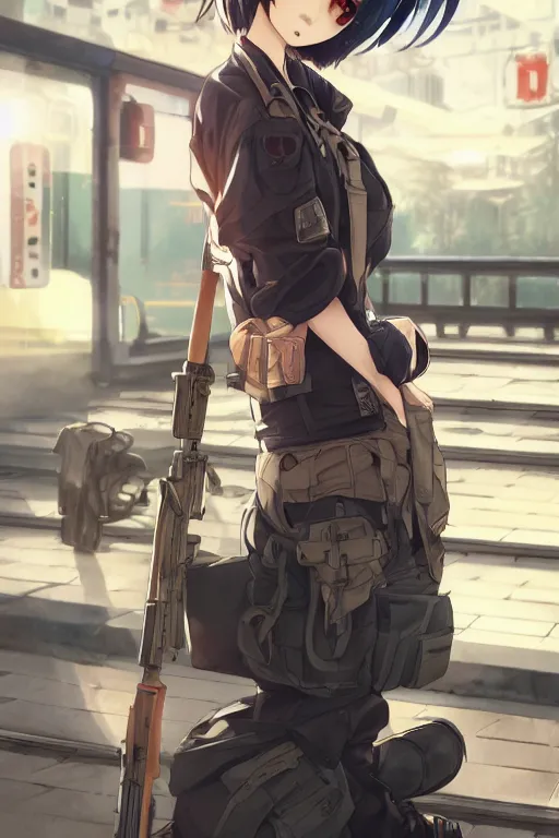 Image similar to anime girl with short black hair wearing military clothes at a train station in japan, aesthetic, wlop, digital painting, trending on artstation, highly detailed, epic composition, 8 k uhd