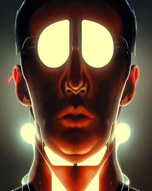 Image similar to symmetry!! centered, head on portrait of a man with face tattoos, sci - fi -, cyberpunk, blade runner, glowing lights, tech, biotech, techwear!! intricate, elegant, highly detailed, digital painting, artstation, concept art, smooth, sharp focus, illustration, art by artgerm and greg rutkowski and alphonse mucha