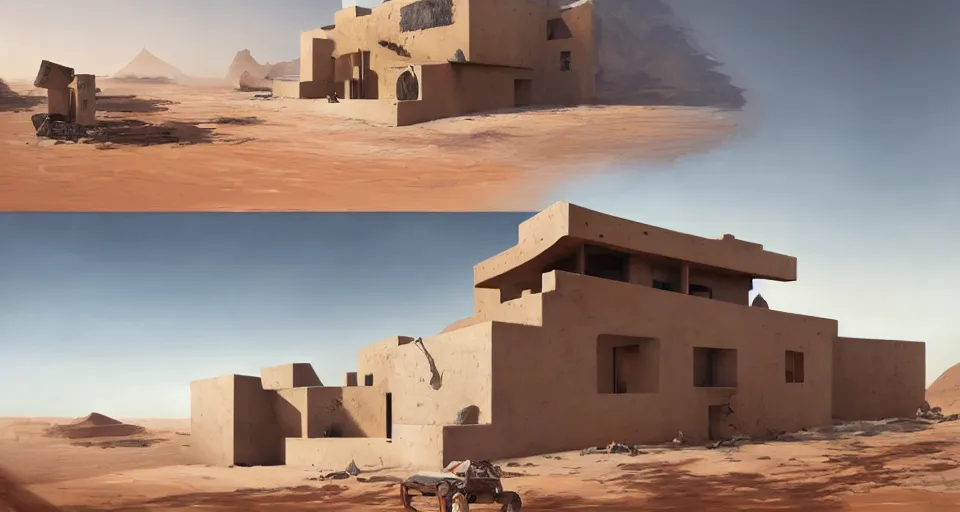 Image similar to contemporary house in the sahara desert, greg rutkowski, 4 k, matte painting, concept art, artstation