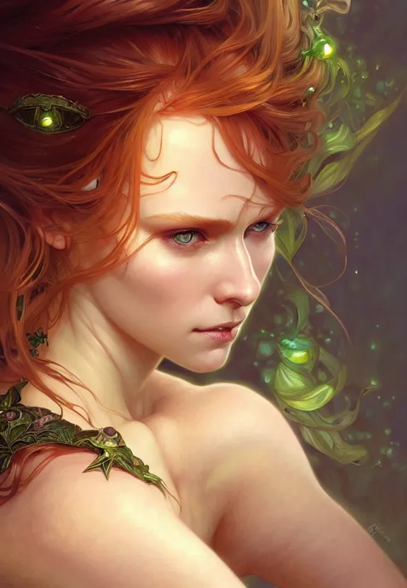 Image similar to portrait of fairy woman, d & d, green eyes, ginger hair, face, fantasy, intricate, elegant, highly detailed, digital painting, artstation, concept art, smooth, sharp focus, illustration, art by artgerm and greg rutkowski and alphonse mucha