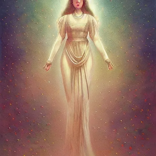 Image similar to intricate, amazing, retro vintage and romanticism, painting by natelle quek, soft color palette, highly detailed, godess from space sci - fi of ancient religion