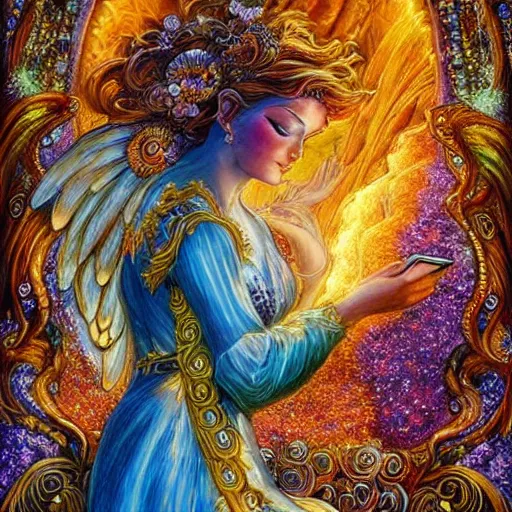 Image similar to goddess by josephine wall, sitting on flying golden ram, checking her phone, erupting volcano in distance, flowers in foreground, sun setting on right side of image, stars in sky on left side of image, trending on artstation, fantasy, intricately detailed