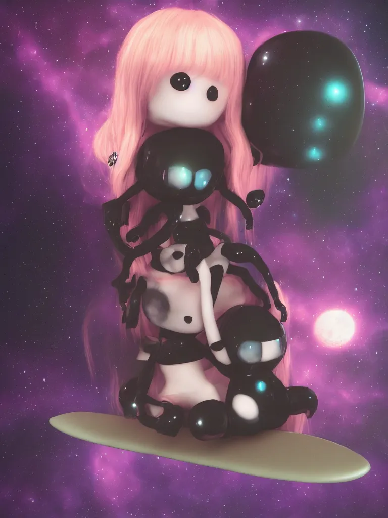 Prompt: cute fumo plush gothic maiden alien girl sitting on a surfboard in the dark galactic abyss, heart eyes, vignette, vray