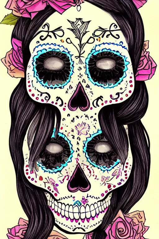 Prompt: illustration of a sugar skull day of the dead girl, art by mingchen shen