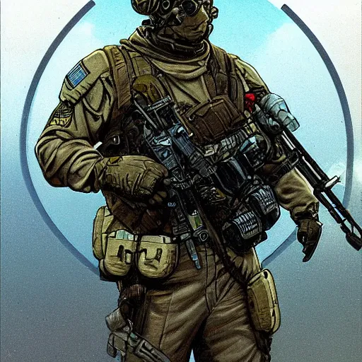 Prompt: Hector. USN special forces recon operator in near future gear, cybernetic enhancement, on patrol in the Australian neutral zone, Barren landscape. 2087. Concept art by James Gurney and Alphonso Mucha