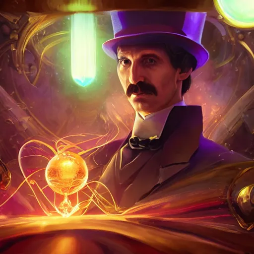 Image similar to portrait of nikola tesla as willy wonka, league of legends amazing splashscreen artwork, fantasy, splash art, natural light, elegant, photorealistic facial features, intricate, fantasy, detailed face, atmospheric lighting, anamorphic lens flare, cinematic lighting, league of legends splash art, hd wallpaper, ultra high details by greg rutkowski