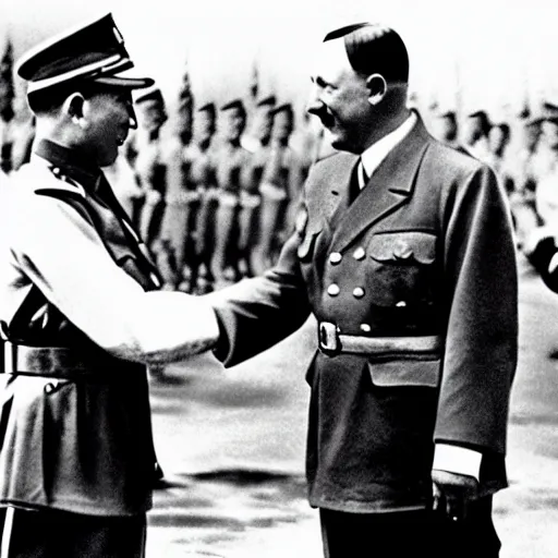 Prompt: historical picture of hitler handshake with soekarno, photosopped, realistic image, uhd picture, and photorealism, with detail image and description