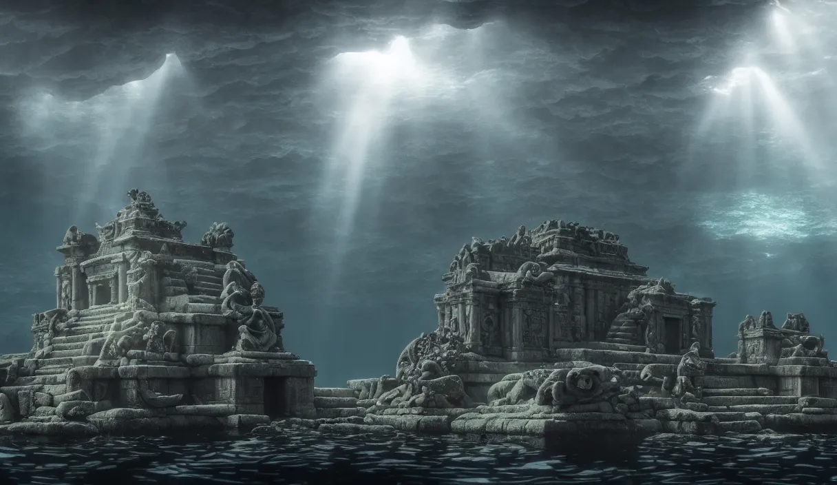 Image similar to low ultrawide shot, dark, underwater statues, submerged pre - incan temple with carvings, abyss, stylized, anime style mixed with fujifilm, detailed gouache paintings, crepuscular rays, dark, murky, foggy, atmospheric, artstation, cgsociety, unreal engine 5, octane render