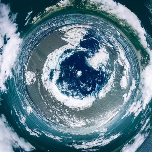 Image similar to pov without fisheye distortion of a giant looking down the earth from above the earth atmosphere