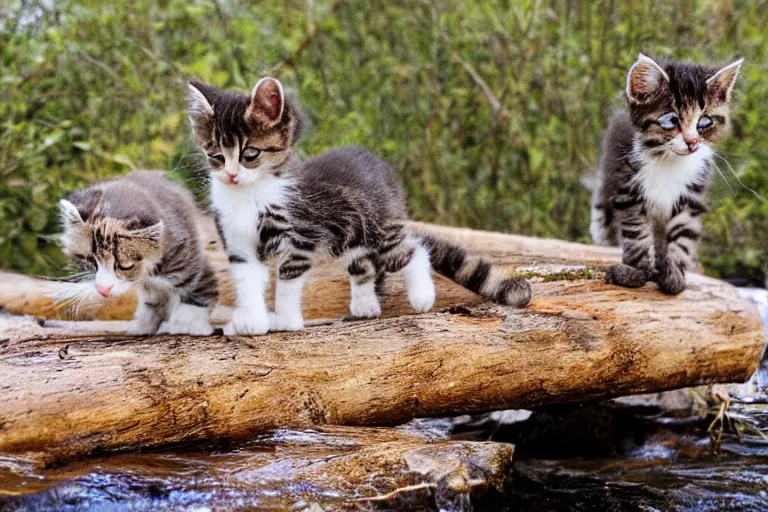 Image similar to kittens walking on a log bridge crossing a river