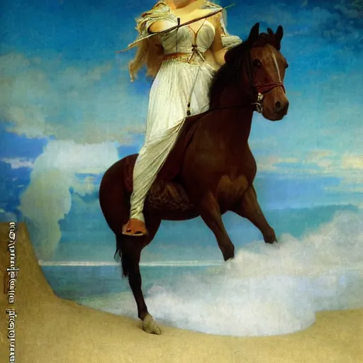 Prompt: Magician riding a horse leaving the castle through the bridge, thunderstorm, beach ocean on the background major arcana sky, by paul delaroche, alphonse mucha, arnold böcklin,hyperrealistic 8k, very detailed, portrait