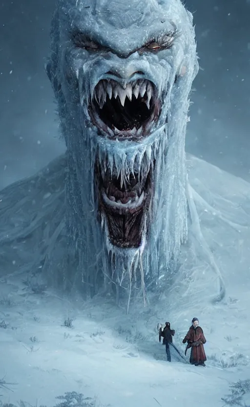 Image similar to portrait of a frozen monster creature, in a snowy field, teeth, fantasy, highly detailed, cinematic lighting, digital art painting by greg rutkowski